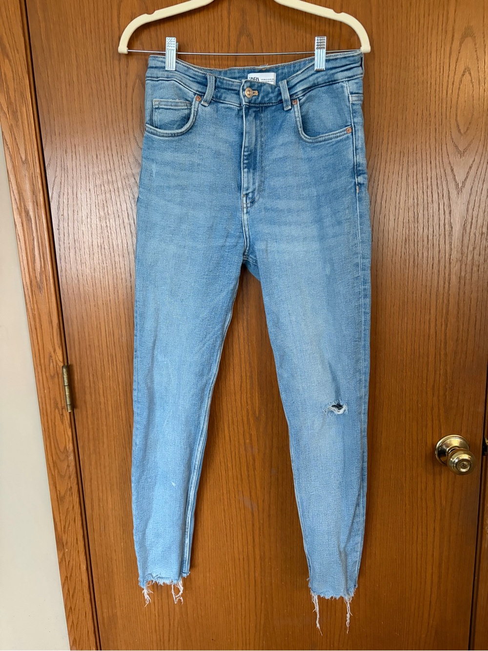 Zara Light Blue High-Rise Skinny Jeans with Raw Hem